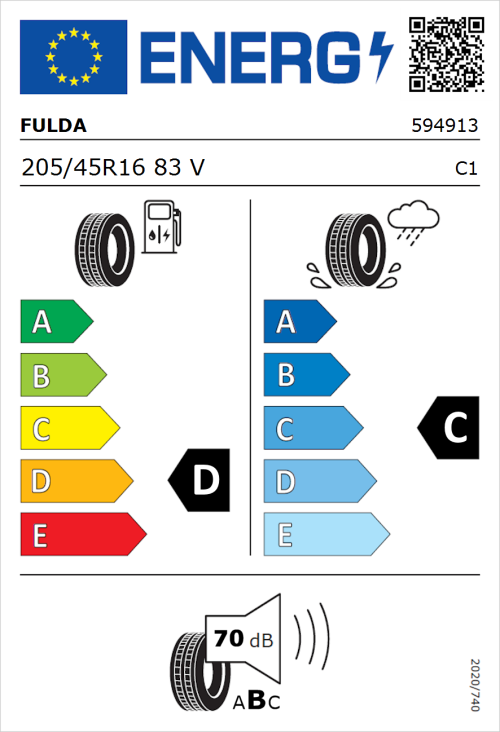 Tyre Label for Fulda Sport Control 205/45R16 83V